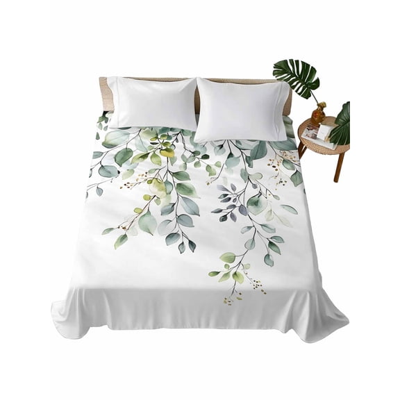 Twin Flat Sheet 66"x96", Eucalyptus Leaf Soft Lightweight Bedding Flat Sheets Only, Weeping Botanical Summer Flowers Brushed Microfiber Top Bed Sheet, Breathable StainResistant Bedsheets