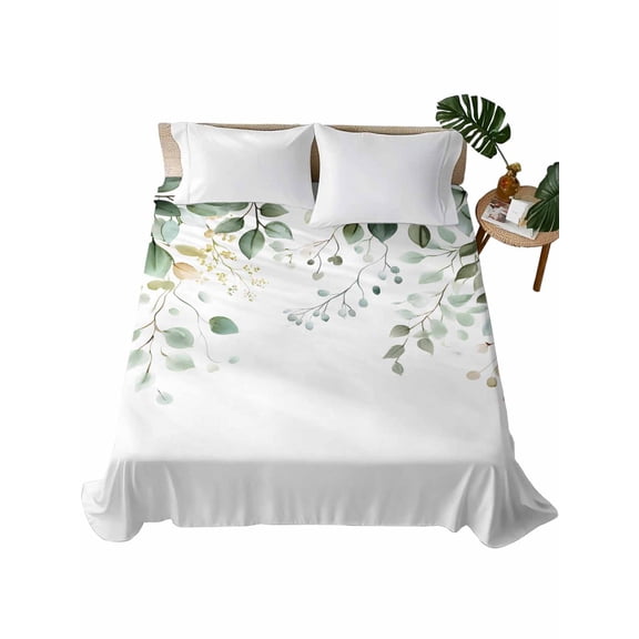 Twin Flat Sheet 66"x96", Eucalyptus Leaf Soft Lightweight Bedding Flat Sheets Only, Weeping Green Botanical Summer Brushed Microfiber Top Bed Sheet, Breathable StainResistant Bedsheets