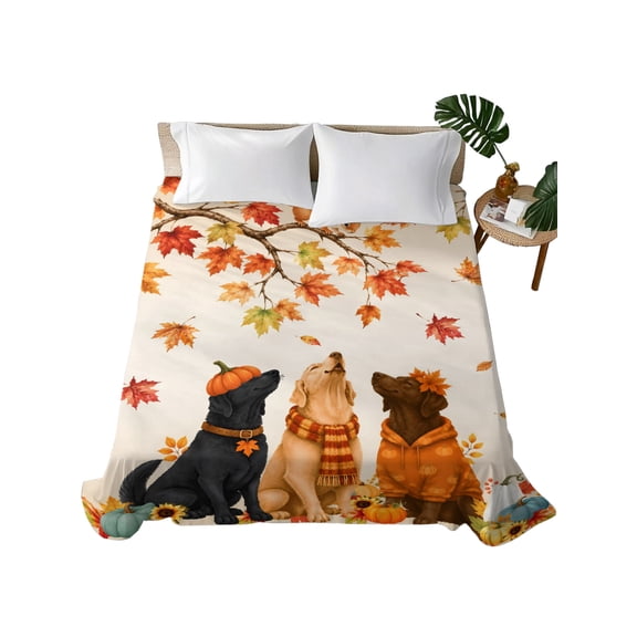 Twin Flat Sheet 66"x96", Fall Dog Soft Lightweight Bedding Flat Sheets Only, Thanksgiving Autumn Harvest Pumpkin Leaf Orange Brushed Microfiber Top Bed Sheet, Breathable StainResistant Bedsheets