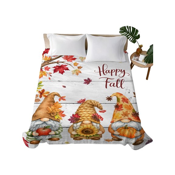 Twin Flat Sheet 66"x96", Fall Gnomes Soft Lightweight Bedding Flat Sheets Only, Thanksgiving Pumpkin Maple Leaves Gray Brown Brushed Microfiber Top Bed Sheet, Breathable StainResistant Bedsheets