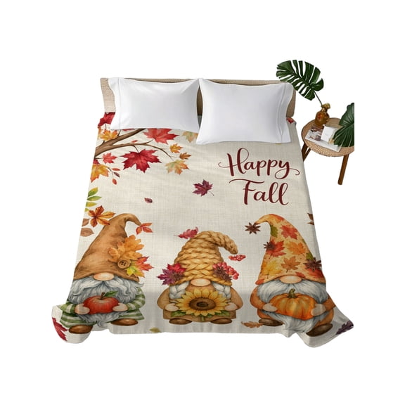 Twin Flat Sheet 66"x96", Fall Gnomes Soft Lightweight Bedding Flat Sheets Only, Thanksgiving Pumpkin Maple Leaves Rustic Brushed Microfiber Top Bed Sheet, Breathable StainResistant Bedsheets