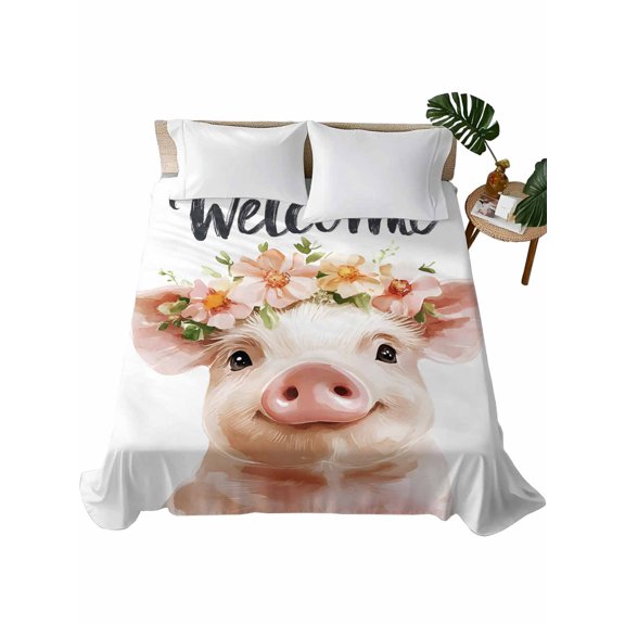 Twin Flat Sheet 66"x96", Farm Pig Flower Soft Lightweight Bedding Flat Sheets Only, Wildflower Garden Motifs Floral Garland Brushed Microfiber Top Bed Sheet, Breathable StainResistant Bedsheets