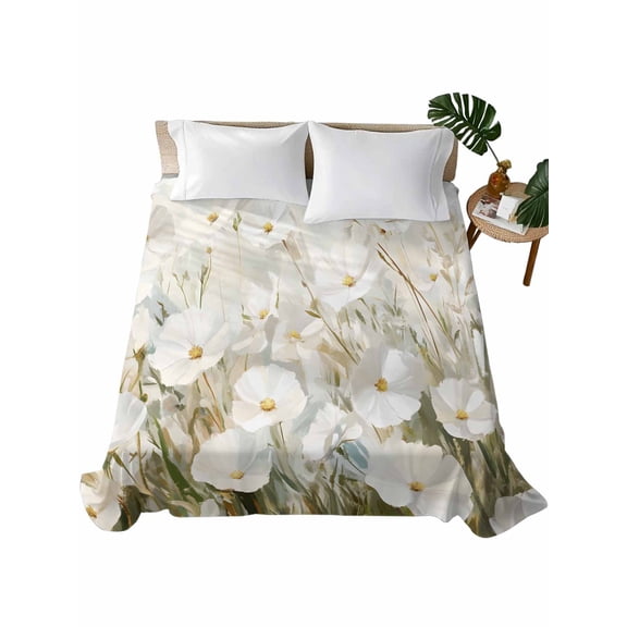 Twin Flat Sheet 66"x96", Floral Flower Soft Lightweight Bedding Flat Sheets Only, Modern Oil Painting Watercolor White Brushed Microfiber Top Bed Sheet, Breathable StainResistant Bedsheets