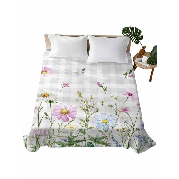 Twin Flat Sheet 66"x96", Flower Grey Soft Lightweight Bedding Flat Sheets Only, Blue Pink Plaid Wildflower Botanical Country Brushed Microfiber Top Bed Sheet, Breathable StainResistant Bedsheets
