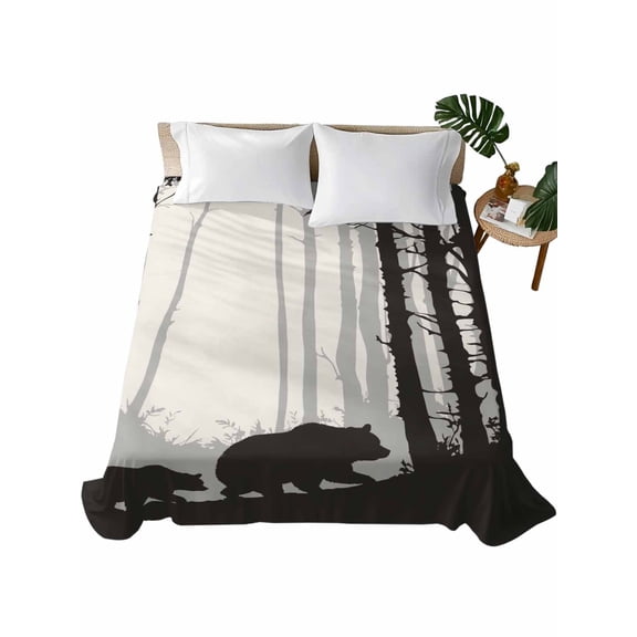 Twin Flat Sheet 66"x96", Forest Bear Soft Lightweight Bedding Flat Sheets Only, Black Grey Country Farmhouse Nature Tree Brushed Microfiber Top Bed Sheet, Breathable StainResistant Bedsheets