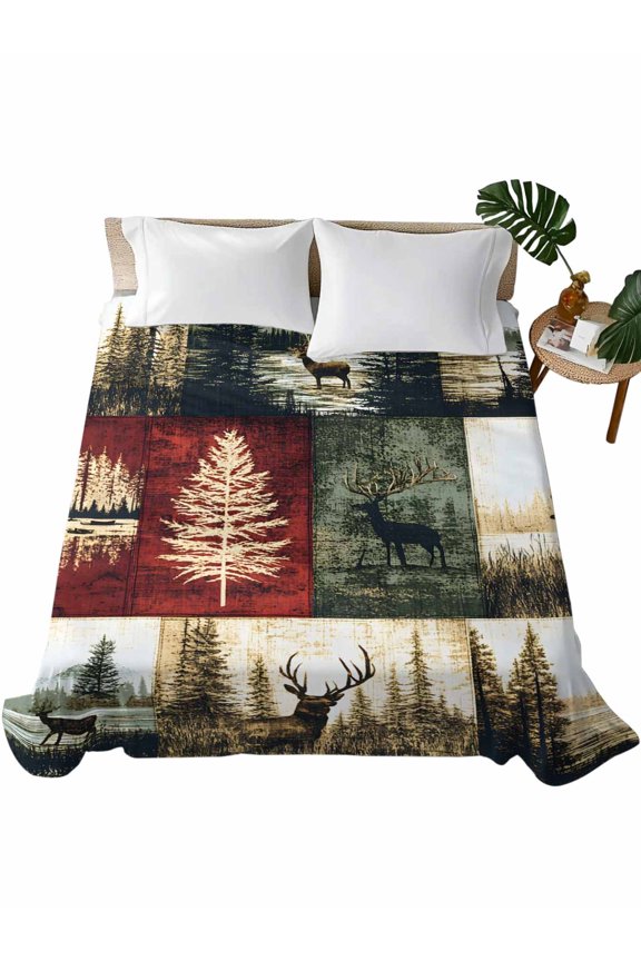 Twin Flat Sheet 66"x96", Forest Reindeer Soft Lightweight Bedding Flat Sheets Only, Country Rustic Green Red Patchwork Brushed Microfiber Top Bed Sheet, Breathable StainResistant Bedsheets