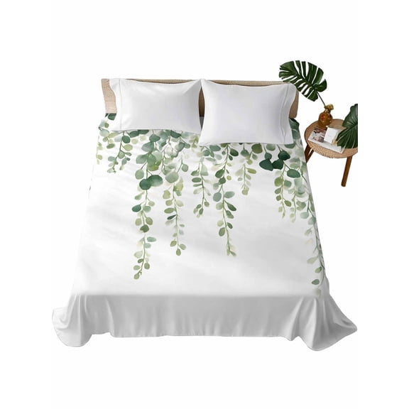 Twin Flat Sheet 66"x96", Green Eucalyptus Branches Soft Lightweight Bedding Flat Sheets Only, Spring Botanical Leaves Vines Brushed Microfiber Top Bed Sheet, Breathable StainResistant Bedsheets