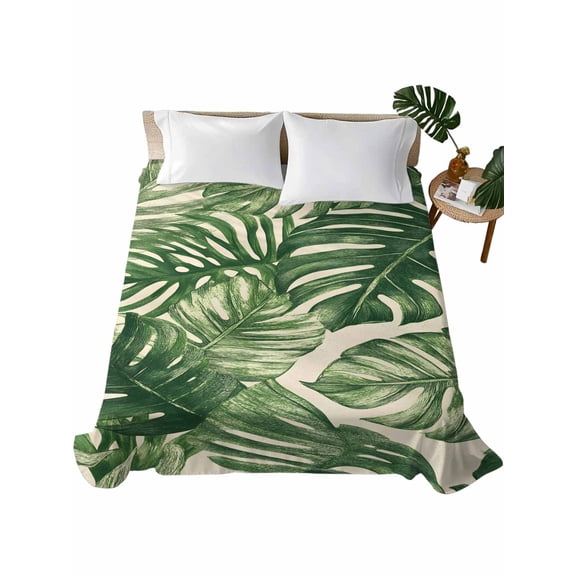 Twin Flat Sheet 66"x96", Green Tropical Leaves Soft Lightweight Bedding Flat Sheets Only, Farmhouse Summer Leaf Plants Brushed Microfiber Top Bed Sheet, Breathable StainResistant Bedsheets