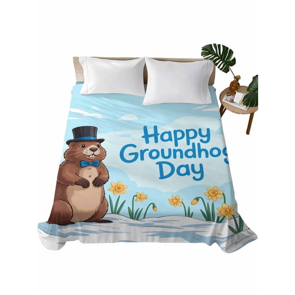 Twin Flat Sheet 66"x96", Happy Groundhog Day Soft Lightweight Bedding Flat Sheets Only, Cartoon Cute Ground Hog Flowers Sky Blue Brushed Microfiber Top Bed Sheet, Breathable StainResistant Bedsheets
