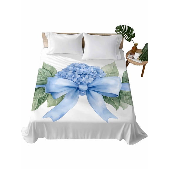 Twin Flat Sheet 66"x96", Hydrangea Spring Soft Lightweight Bedding Flat Sheets Only, Idyllic Flower Floral Bow Plant Leaf Brushed Microfiber Top Bed Sheet, Breathable StainResistant Bedsheets