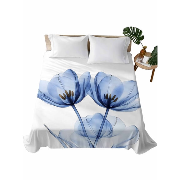 Twin Flat Sheet 66"x96", Light Blue Tulip Soft Lightweight Bedding Flat Sheets Only, Farmhouse Abstract Elegant Flowers Brushed Microfiber Top Bed Sheet, Breathable StainResistant Bedsheets