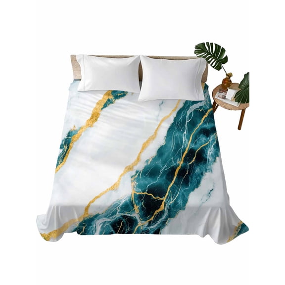 Twin Flat Sheet 66"x96", Marble Turquoise Soft Lightweight Bedding Flat Sheets Only, Gold Foil Ceramic Style Crack Scratch Brushed Microfiber Top Bed Sheet, Breathable StainResistant Bedsheets