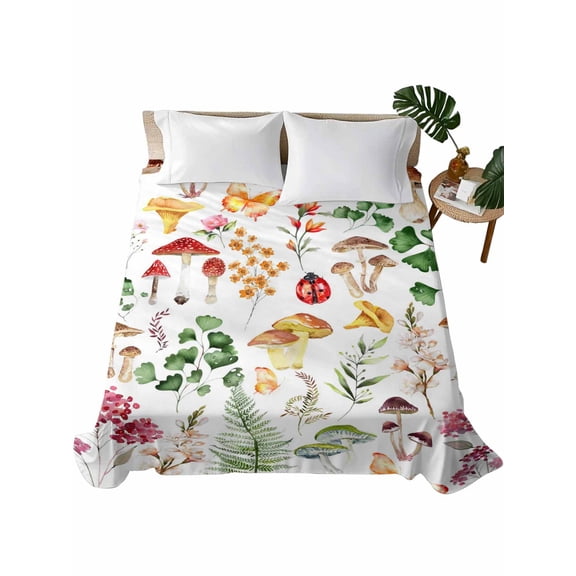 Twin Flat Sheet 66"x96", Mushrooms Ferns Soft Lightweight Bedding Flat Sheets Only, Watercolor Forest Floral Botanical Spring Brushed Microfiber Top Bed Sheet, Breathable StainResistant Bedsheets