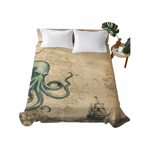 Twin Flat Sheet 66"x96", Nautical Octopus Soft Lightweight Bedding Flat Sheets Only, Medieval Retro Map Sailboat Brown Brushed Microfiber Top Bed Sheet, Breathable StainResistant Bedsheets