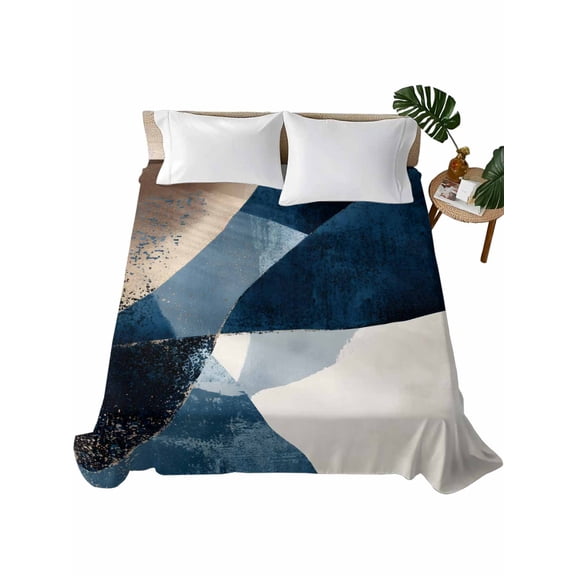 Twin Flat Sheet 66"x96", Navy Blue Brown Soft Lightweight Bedding Flat Sheets Only, Modern Geometric Abstract Art Brushed Microfiber Top Bed Sheet, Breathable StainResistant Bedsheets