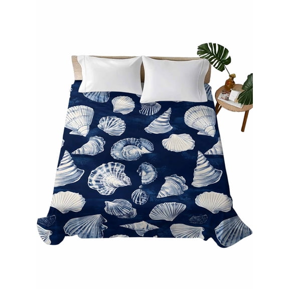Twin Flat Sheet 66"x96", Navy Blue Coastal Soft Lightweight Bedding Flat Sheets Only, Shell Conch Summer Beach Nautical Brushed Microfiber Top Bed Sheet, Breathable StainResistant Bedsheets