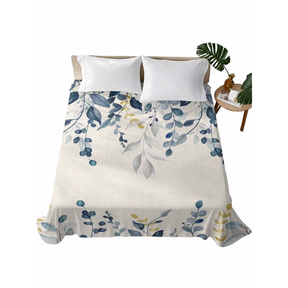 Twin Flat Sheet 66"x96", Navy Blue Eucalyptus Soft Lightweight Bedding Flat Sheets Only, Farmhouse Weeping Leaves Linen Brushed Microfiber Top Bed Sheet, Breathable StainResistant Bedsheets