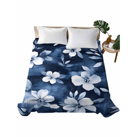 Twin Flat Sheet 66"x96", Navy Blue Spring Floral Soft Lightweight Bedding Flat Sheets Only, Summer Flowers Watercolor Botanical Brushed Microfiber Top Bed Sheet, Breathable StainResistant Bedsheets