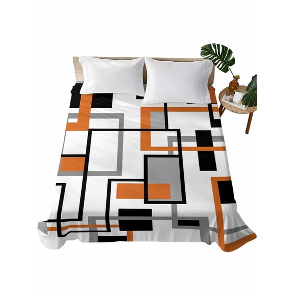 Twin Flat Sheet 66"x96", Orange Black Grey Geometric Soft Lightweight Bedding Flat Sheets Only, Middle Century Modern Abstract Art Brushed Microfiber Top Bed Sheet, Breathable Bedsheets