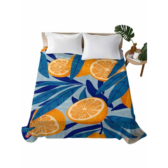 Twin Flat Sheet 66"x96", Orange Lemon Soft Lightweight Bedding Flat Sheets Only, Minimalist Tropical Retro Blue Palm Leaf Brushed Microfiber Top Bed Sheet, Breathable StainResistant Bedsheets