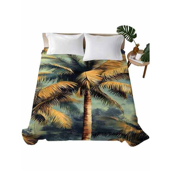 Twin Flat Sheet 66"x96", Palm Tree Soft Lightweight Bedding Flat Sheets Only, Retro Summer Botanical Tropical Plant Leaves Brushed Microfiber Top Bed Sheet, Breathable StainResistant Bedsheets