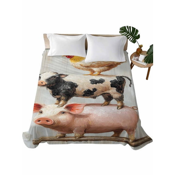 Twin Flat Sheet 66"x96", Pig Cow Chicken Soft Lightweight Bedding Flat Sheets Only, Retro Country Farm Animal Oil Painting Brushed Microfiber Top Bed Sheet, Breathable StainResistant Bedsheets