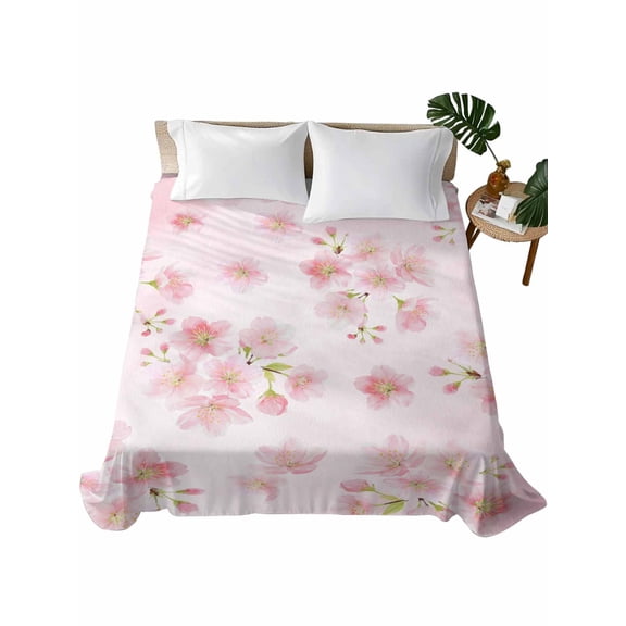 Twin Flat Sheet 66"x96", Pink Floral Soft Lightweight Bedding Flat Sheets Only, Modern Farmhouse Aesthetic Shabby Chic Flower Brushed Microfiber Top Bed Sheet, Breathable StainResistant Bedsheets