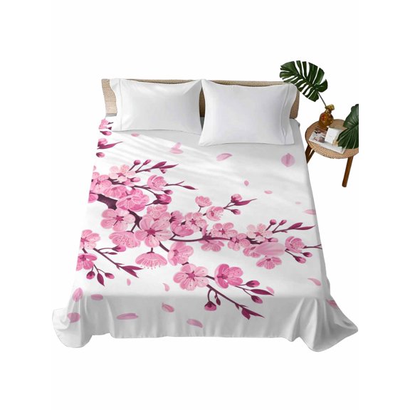 Twin Flat Sheet 66"x96", Pink Flowers Soft Lightweight Bedding Flat Sheets Only, Pastoral Botanical Blossom Tree Branches Brushed Microfiber Top Bed Sheet, Breathable StainResistant Bedsheets