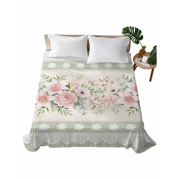 Twin Flat Sheet 66"x96", Pink Flowers Soft Lightweight Bedding Flat Sheets Only, Sage Green Spring Botanical Floral Stripes Brushed Microfiber Top Bed Sheet, Breathable StainResistant Bedsheets
