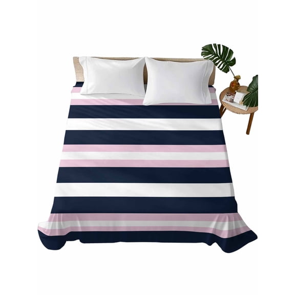 Twin Flat Sheet 66"x96", Pink Navy Blue Striped Soft Lightweight Bedding Flat Sheets Only, Minimalist Abstract Lines Artwork Brushed Microfiber Top Bed Sheet, Breathable StainResistant Bedsheets