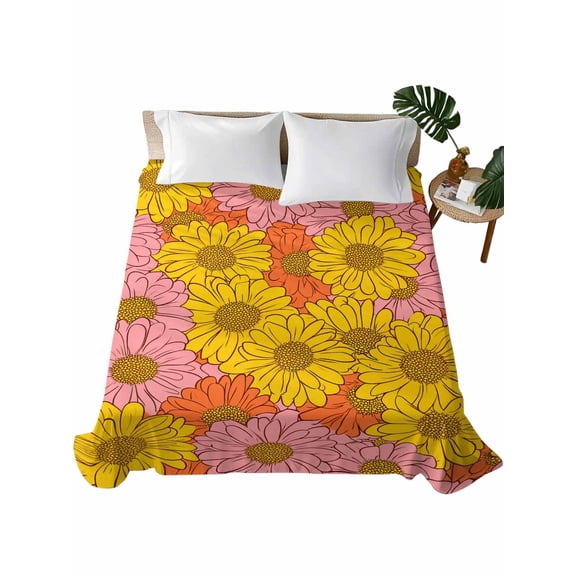 Twin Flat Sheet 66"x96", Pink Orange Yellow Daisy Soft Lightweight Bedding Flat Sheets Only, Spring Floral Botanical Brushed Microfiber Top Bed Sheet, Breathable StainResistant Bedsheets