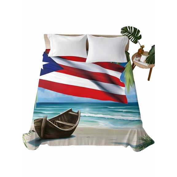 Twin Flat Sheet 66"x96", Puerto Rico Flag Sea Soft Lightweight Bedding Flat Sheets Only, Beach Palm Trees Boat Nautical Brushed Microfiber Top Bed Sheet, Breathable StainResistant Bedsheets