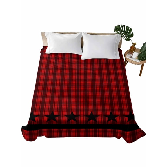 Twin Flat Sheet 66"x96", Red Black Plaid Soft Lightweight Bedding Flat Sheets Only, Country Vintage Star Abstract Gingham Brushed Microfiber Top Bed Sheet, Breathable StainResistant Bedsheets