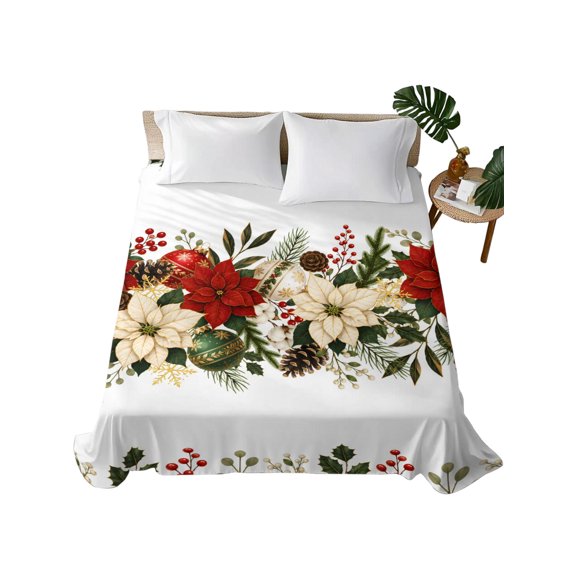 Twin Flat Sheet 66"x96", Red Poinsettia Christmas Soft Lightweight Bedding Flat Sheets Only, Xmas Floral Botanical Berry Brushed Microfiber Top Bed Sheet, Breathable StainResistant Bedsheets