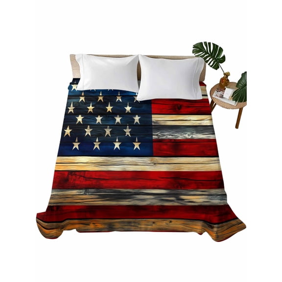 Twin Flat Sheet 66"x96", Retro American Flag Soft Lightweight Bedding Flat Sheets Only, Blue Red USA Flag Vintage Wood Brushed Microfiber Top Bed Sheet, Breathable StainResistant Bedsheets