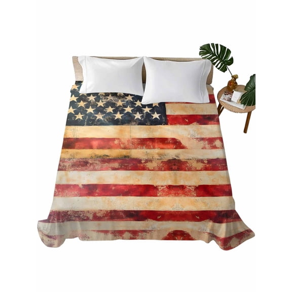 Twin Flat Sheet 66"x96", Retro American Flag Soft Lightweight Bedding Flat Sheets Only, Vintage Red Strip Star US Flag Brushed Microfiber Top Bed Sheet, Breathable StainResistant Bedsheets