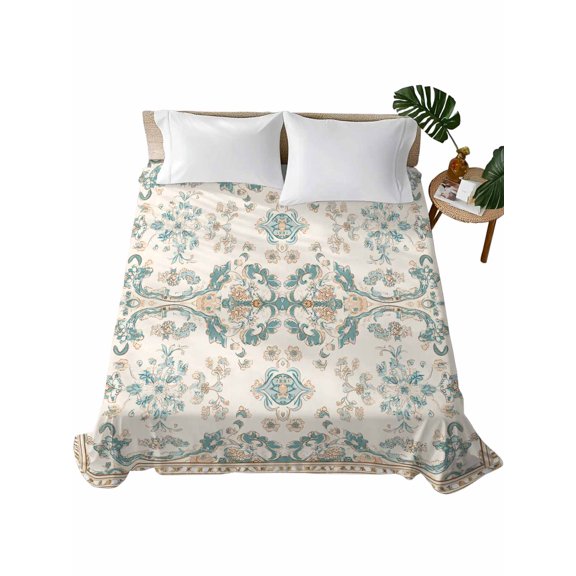 Twin Flat Sheet 66"x96", Retro Boho Soft Lightweight Bedding Flat Sheets Only, Farmhouse Ethnic Nation Abstract Flowers Brushed Microfiber Top Bed Sheet, Breathable StainResistant Bedsheets