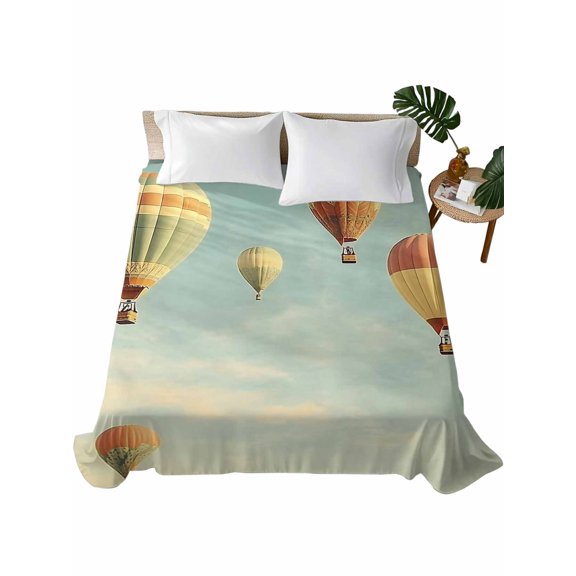 Twin Flat Sheet 66"x96", Retro Hot Air Balloon Soft Lightweight Bedding Flat Sheets Only, Modern Flying Balloon Brushed Microfiber Top Bed Sheet, Breathable StainResistant Bedsheets