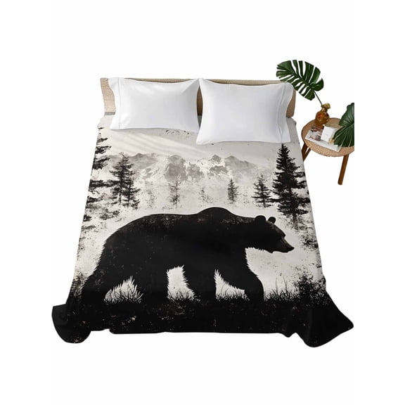 Twin Flat Sheet 66"x96", Rustic Bear Soft Lightweight Bedding Flat Sheets Only, Vintage Country Wildlife Forest Mountains Brushed Microfiber Top Bed Sheet, Breathable StainResistant Bedsheets