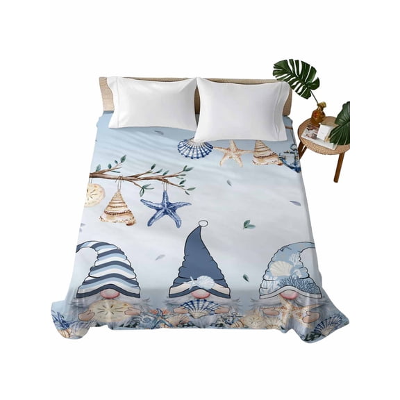 Twin Flat Sheet 66"x96", Sky Blue Gnomes Coastal Soft Lightweight Bedding Flat Sheets Only, Eucalypus Starfish Shell Anchor Brushed Microfiber Top Bed Sheet, Breathable StainResistant Bedsheets