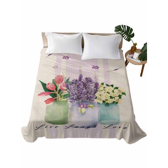 Twin Flat Sheet 66"x96", Spring Floral Tulip Soft Lightweight Bedding Flat Sheets Only, Lavender Jasmine Vase Brushed Microfiber Top Bed Sheet, Breathable StainResistant Bedsheets