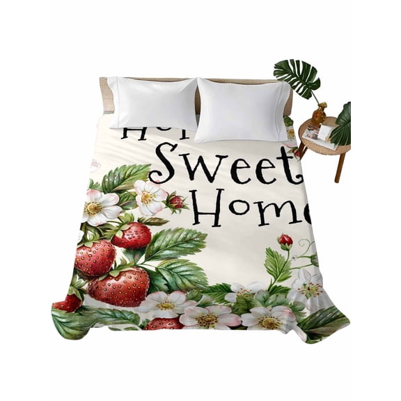 Twin Flat Sheet 66"x96", Strawberry Soft Lightweight Bedding Flat Sheets Only, Summer Fruits Spring Floral Botanical Brushed Microfiber Top Bed Sheet, Breathable StainResistant Bedsheets