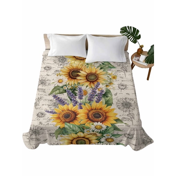 Twin Flat Sheet 66"x96", Sunflower Soft Lightweight Bedding Flat Sheets Only, Summer Botanical Lavender Farmhouse Brushed Microfiber Top Bed Sheet, Breathable StainResistant Bedsheets
