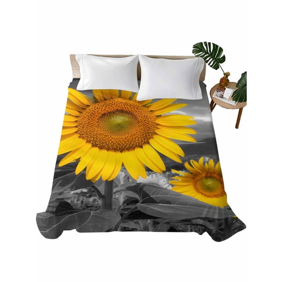 Twin Flat Sheet 66"x96", Sunflowers Soft Lightweight Bedding Flat Sheets Only, Grey Farmhouse Botanical Floral Flowers Brushed Microfiber Top Bed Sheet, Breathable StainResistant Bedsheets