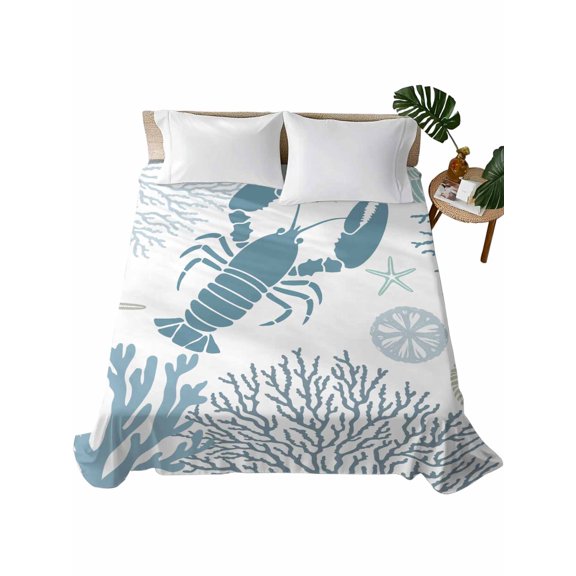 Twin Flat Sheet 66"x96", Teal Blue Coastal Soft Lightweight Bedding Flat Sheets Only, Summer Lobster Coral Nautical Brushed Microfiber Top Bed Sheet, Breathable StainResistant Bedsheets