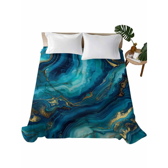 Twin Flat Sheet 66"x96", Teal Blue Marble Soft Lightweight Bedding Flat Sheets Only, Ink Painting Modern Abstract Yellow Brushed Microfiber Top Bed Sheet, Breathable StainResistant Bedsheets