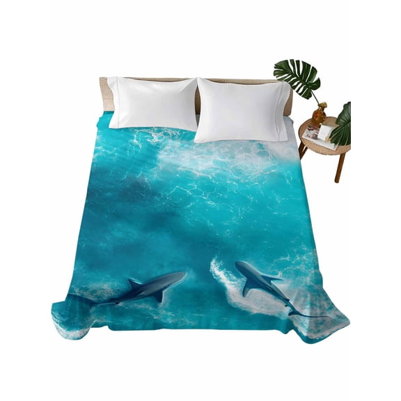 Twin Flat Sheet 66"x96", Teal Blue Ocean Shark Soft Lightweight Bedding Flat Sheets Only, Coastal Wave Summer Beach Brushed Microfiber Top Bed Sheet, Breathable StainResistant Bedsheets