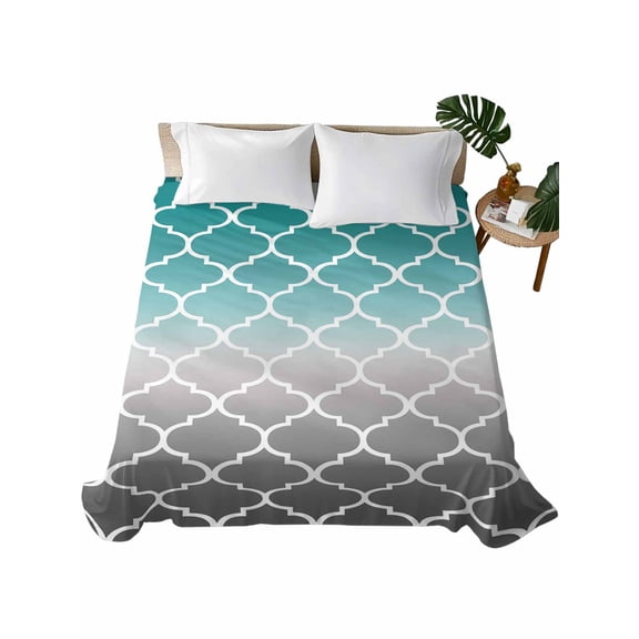 Twin Flat Sheet 66"x96", Teal Grey Ombre Morocco Pattern Soft Lightweight Bedding Flat Sheets Only, Modern Moroccan Geometric Brushed Microfiber Top Bed Sheet, Breathable StainResistant Bedsheets