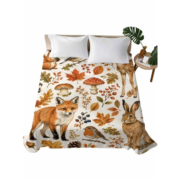 Twin Flat Sheet 66"x96", Thanksgiving Soft Lightweight Bedding Flat Sheets Only, Fall Fox Squirrel Rabbit Mushroom Maple Leaves Brushed Microfiber Top Bed Sheet, Breathable StainResistant Bedsheets