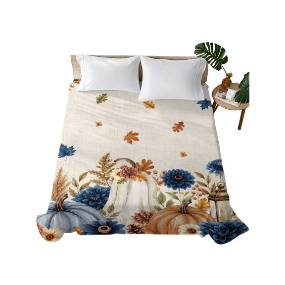 Twin Flat Sheet 66"x96", Thanksgiving Soft Lightweight Bedding Flat Sheets Only, Retro Harvest Pumpkin Flowers Branches Brushed Microfiber Top Bed Sheet, Breathable StainResistant Bedsheets